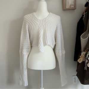 White Crochet Knit Tie Up Sweater Top Extra Long Sleeve Crew Neck Casual Size S